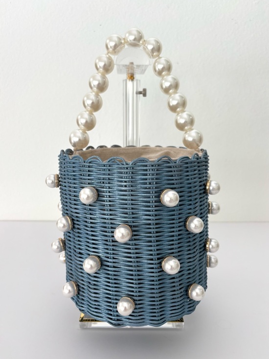 Btb Los Angeles Handbags - Btb Los Angeles Chloe Pearl Blue Basket Bag NWOT Rattan Pearls Bucket-Style